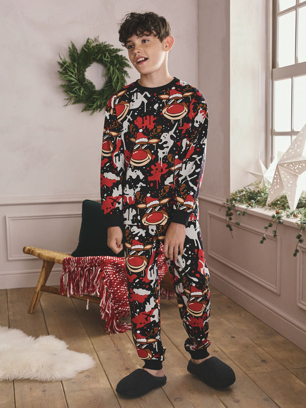 Red/Black Single Jogger Christmas Pyjamas (3-16yrs)
