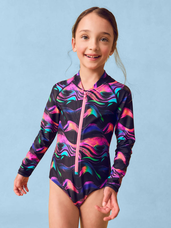 Multi Black Long Sleeve Sunsafe Swimsuit (3-16yrs)