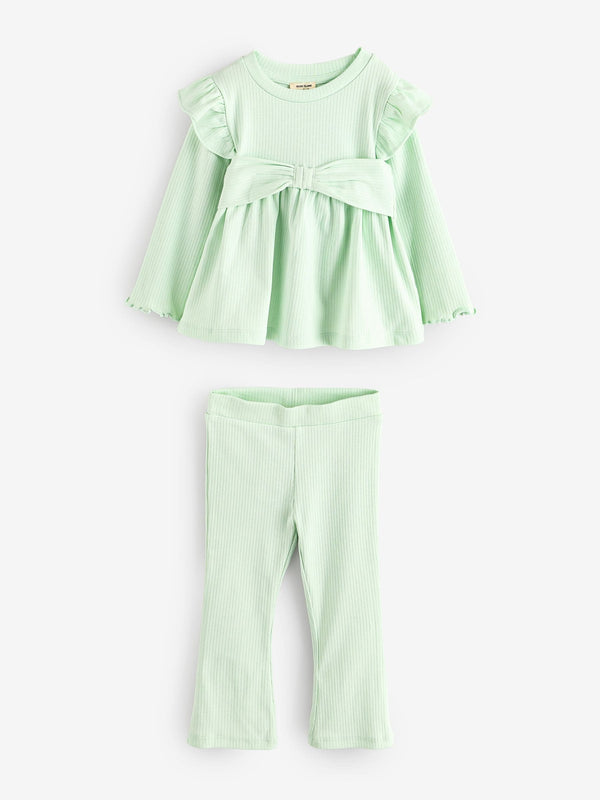 River Island Green Girls Bow Peplum 100% Cotton Kickflare Set