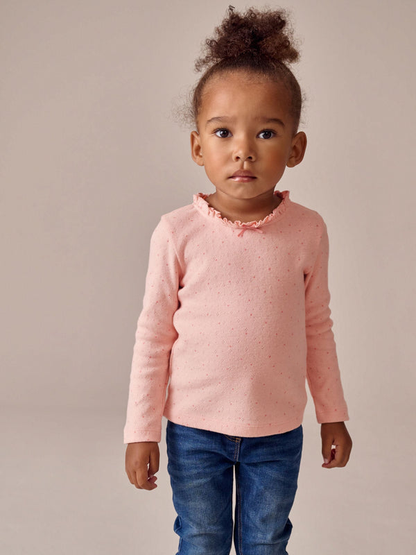 Pale Pink Spot Long Sleeve Pointelle T-Shirt (3mths-7yrs)