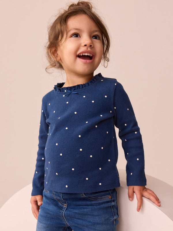 Navy Spot Long Sleeve Pointelle T-Shirt (3mths-7yrs)