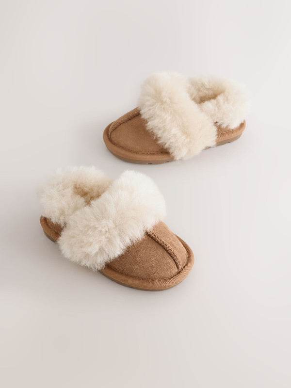 Tan Brown Suede Sheepskin Lined Slippers