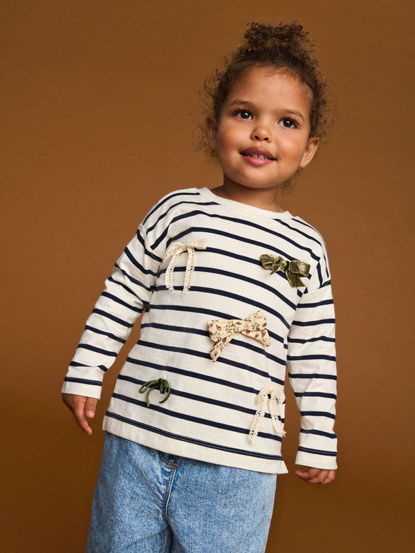 Monochrome Stripe Long Sleeve Bow Appliqué Top (3mths-7yrs)
