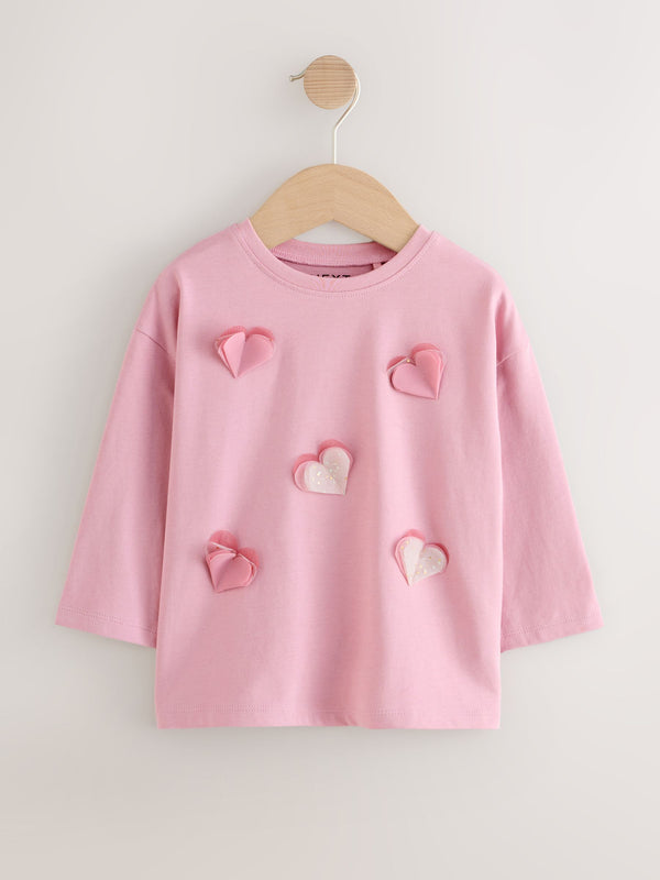 Pink Long Sleeve Mesh Heart Appliqué Top (3mths-7yrs)