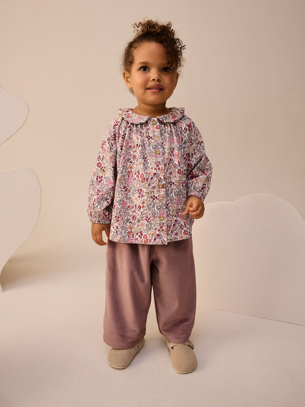 Purple Ditsy Floral Long Sleeve Collar Top and Barrel Trousers Set (3mths-7yrs)