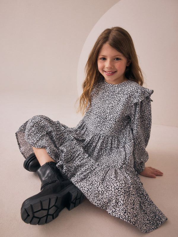 Black/White Long Sleeve Ruffle Dress (3-16yrs)