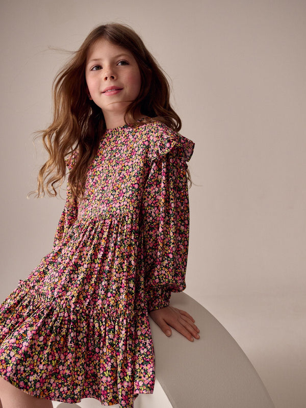 Berry Pink Ditsy Long Sleeve Ruffle Dress (3-16yrs)