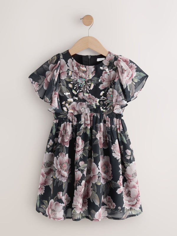 Dark Floral Print Angel Sleeve Embellished Dress (3-16yrs)
