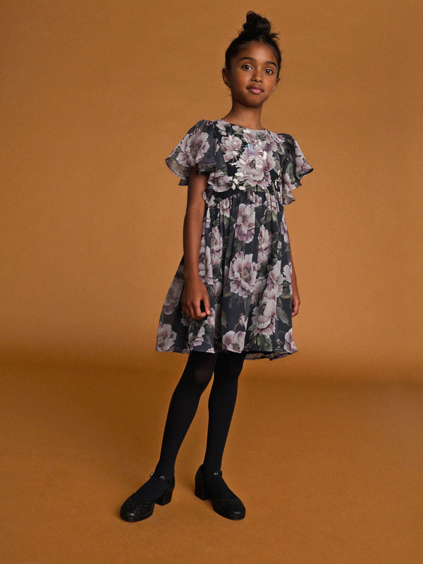 Dark Floral Print Angel Sleeve Embellished Dress (3-16yrs)