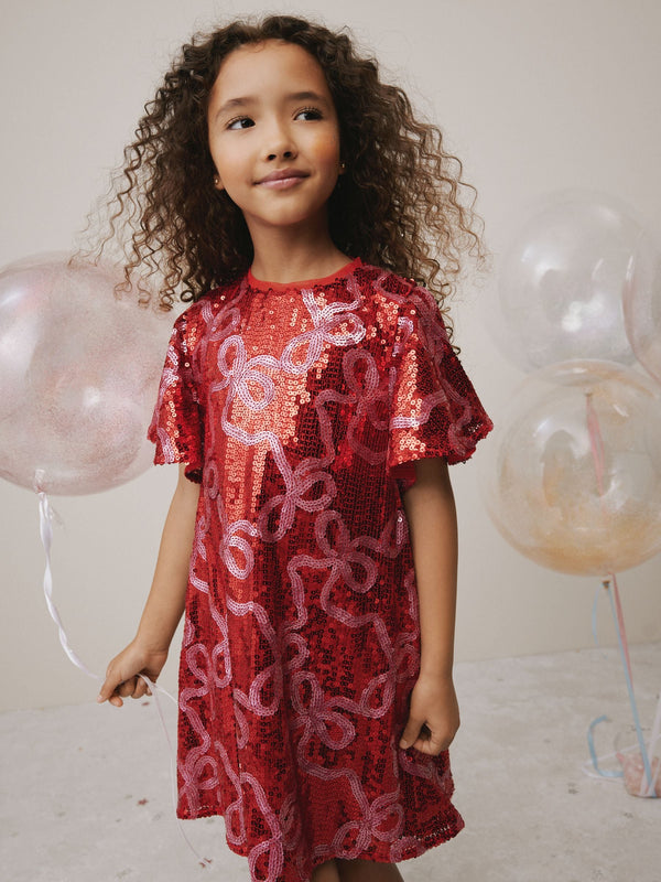Pink Bow Pattern Sequin Dress (3-16yrs)