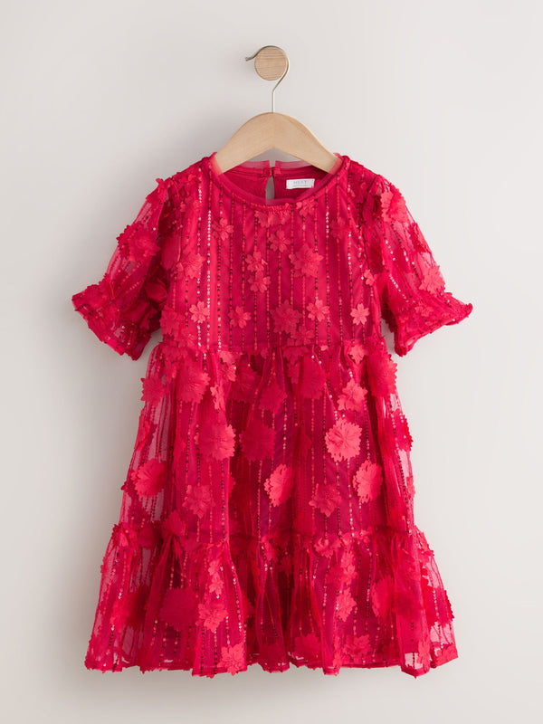 Red Mesh Flower Sequin Party Dress (3-16yrs)