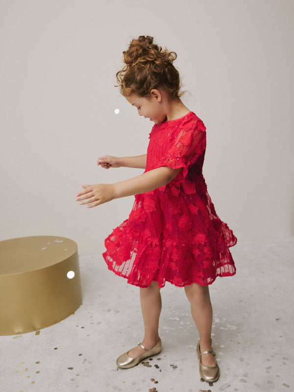 Red Mesh Flower Sequin Party Dress (3-16yrs)