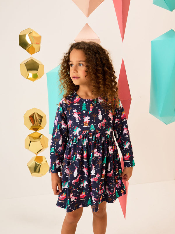 Navy Unicorn Christmas Long Sleeve Jersey Dress (3-16yrs)