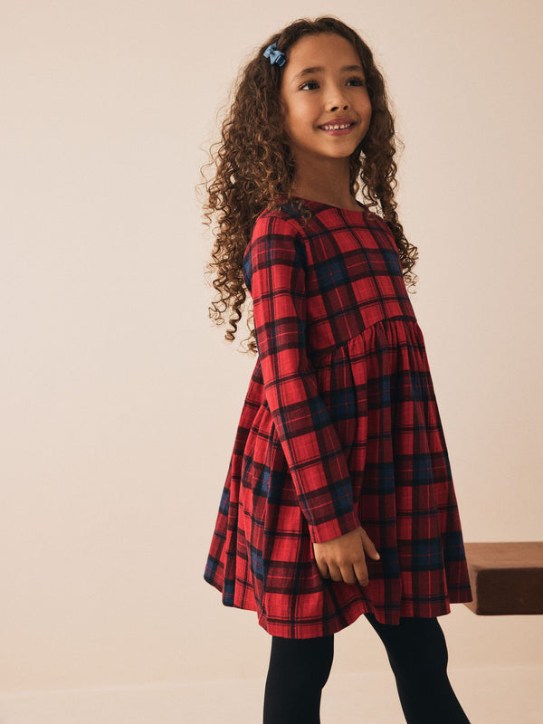 Red/Navy Check Long Sleeve Jersey Dress (3-16yrs)