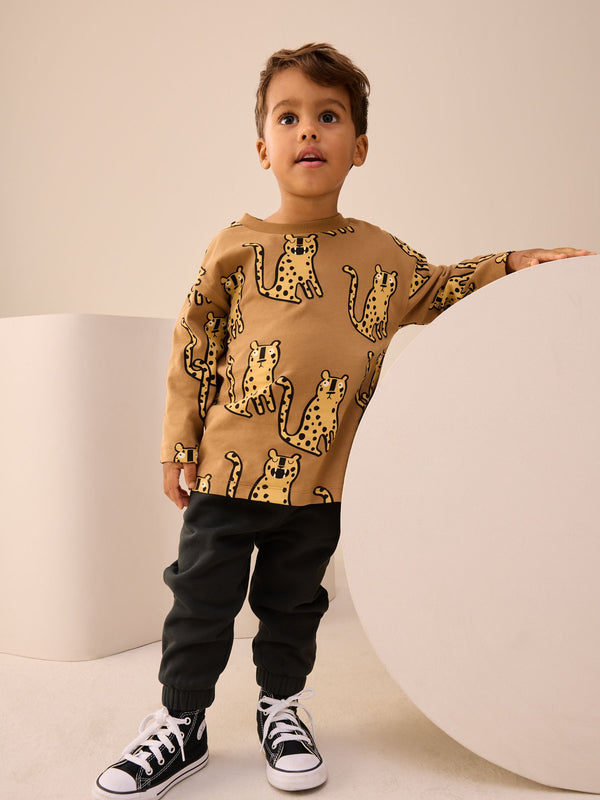 Brown Cheetah Long Sleeve T-Shirt And Joggers Set (3mths-7yrs)