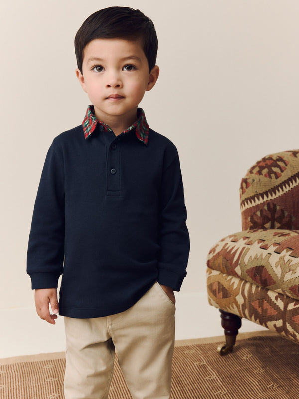 Navy Tartan Collar Long Sleeve Polo Shirt (3mths-7yrs)