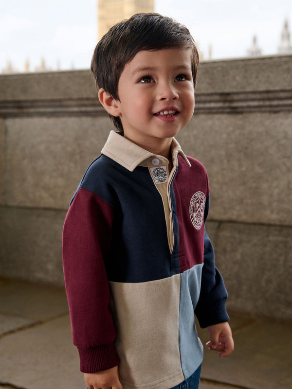 Navy/Burgundy Long Sleeve Rugby Polo Shirt (3mths-7yrs)