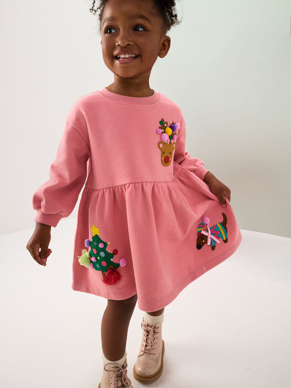 Pink Christmas Embellished Sweat Dress (3mths-7yrs)