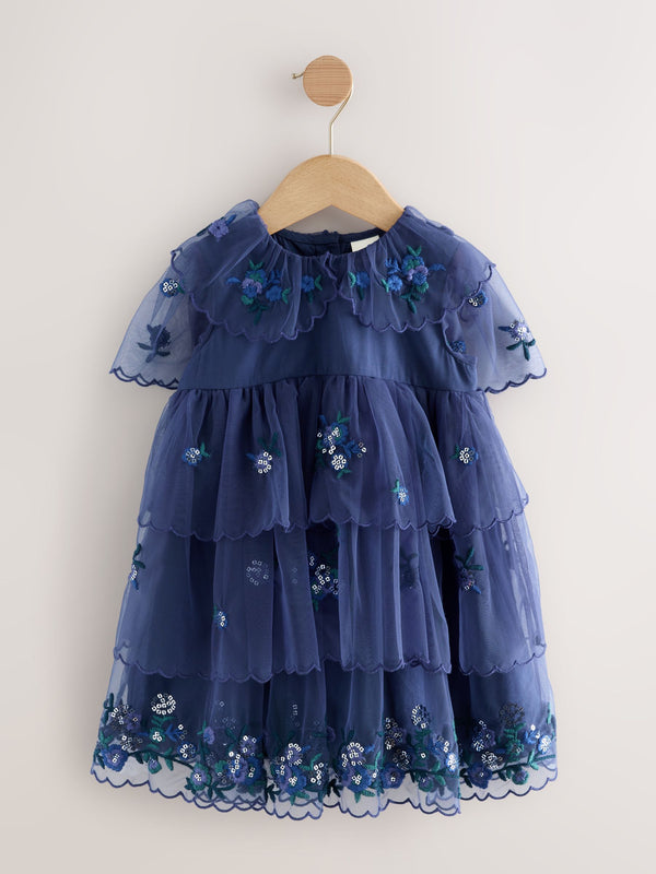 Blue Embellished Tiered Mesh Dress (3mths-7yrs)