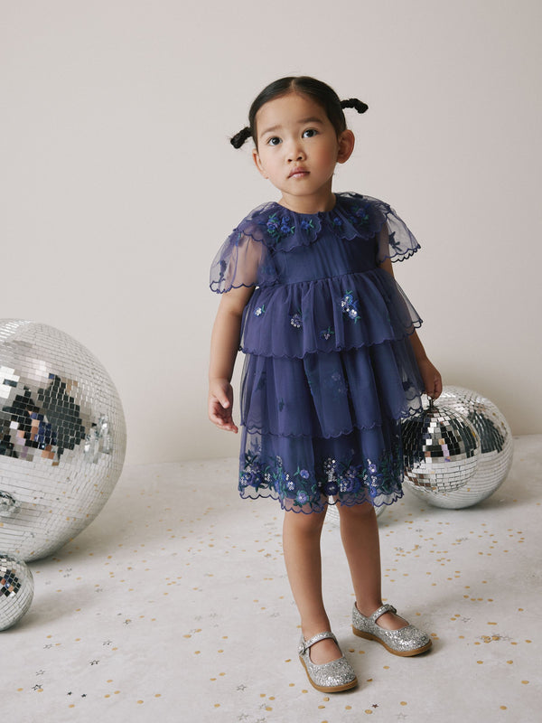 Blue Embellished Tiered Mesh Dress (3mths-7yrs)