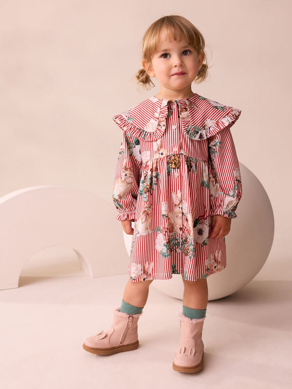 Red Stripe Long Sleeve Collared Dress (3mths-7yrs)