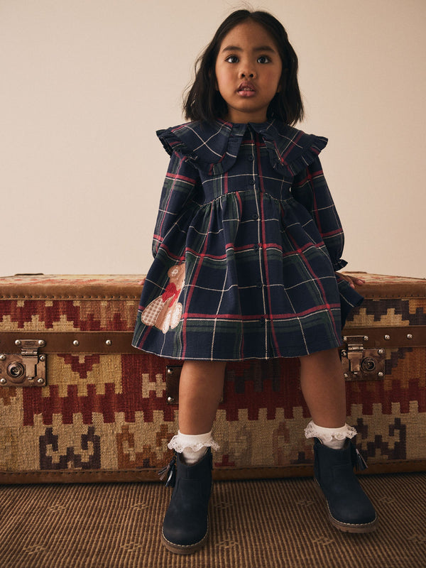 Navy Teddy Bear Long Sleeve Collared Dress (3mths-7yrs)
