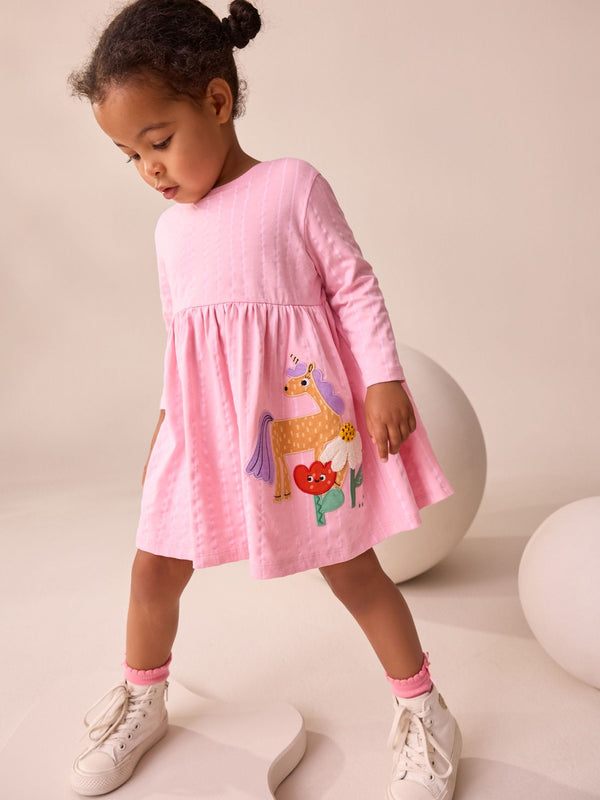 Pink Unicorn Long Sleeve Embellished Dress (3mths-7yrs)