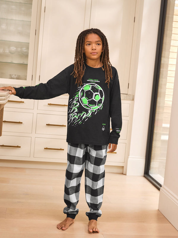 Black/Green Buffallo Check Football Single Woven Pyjamas (3-16yrs)