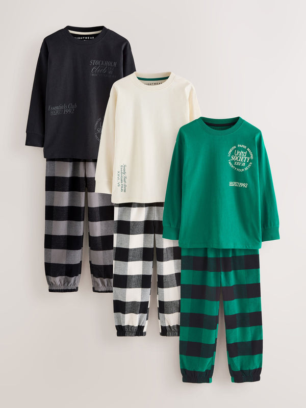 Black/Green/White Woven Check Pyjamas 3 Pack (3-16yrs)