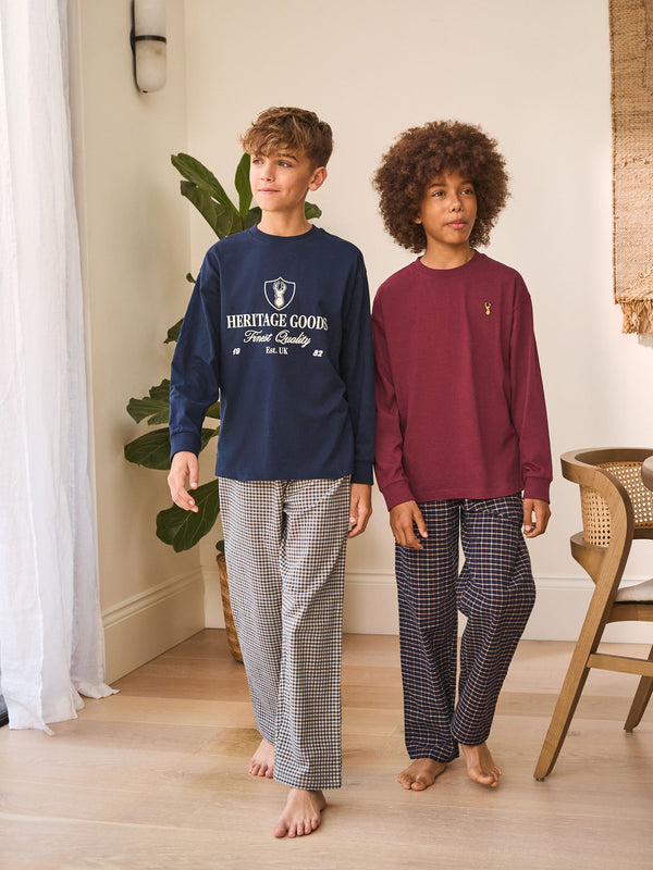 Navy/Burgundy Long Sleeve Woven Check Pyjamas 2 Pack (3-16yrs)