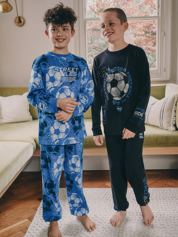 Blue/Black Football Long Sleeve Pyjamas 2 Pack (3-16yrs)