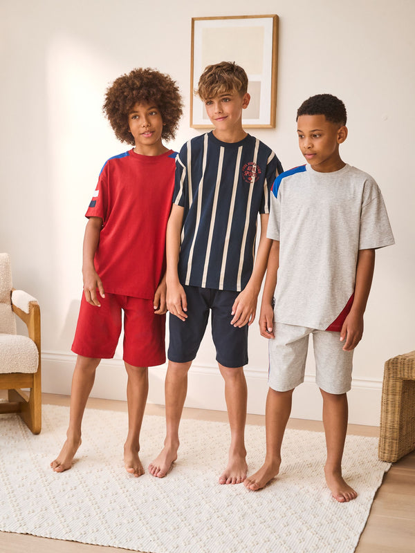 Red/Blue/Grey Stripe Sport Short Pyjamas 3 Pack (3-16yrs)