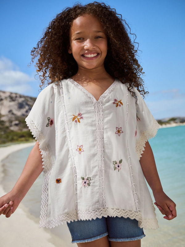 White Embroidered 100% Cotton Kaftan (3-16yrs)