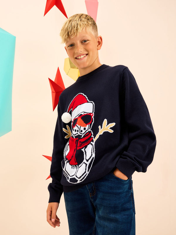 Navy Blue Football Snowman Christmas Jumper (3-16yrs)