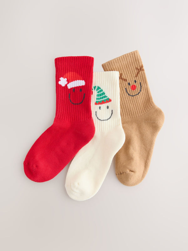 Christmas Red Cream and Neutral Regular Length 3 Pack Cotton Rich Cushioned Sole Ankle Socks