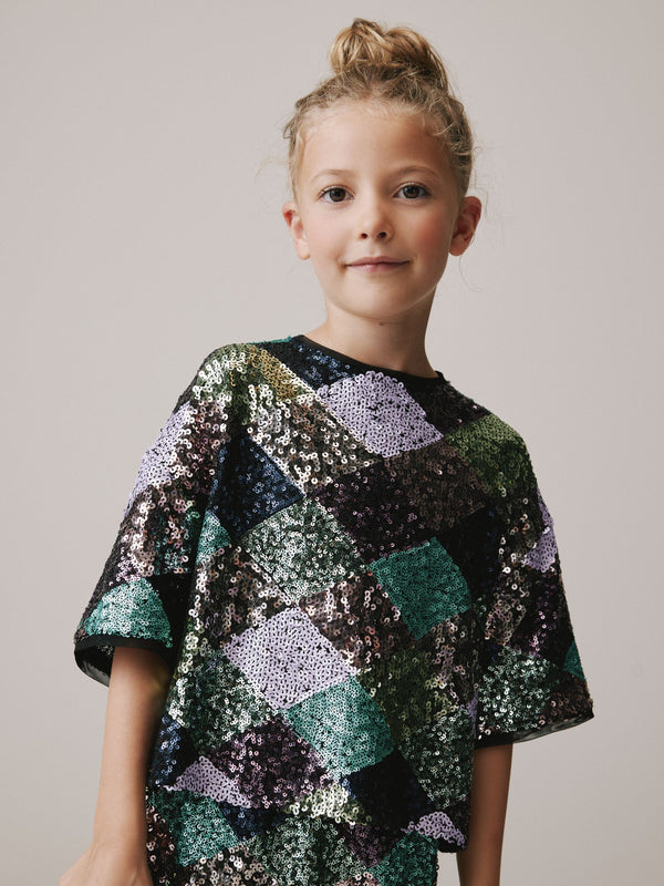 Purple Check Multi Check Sequin Short Sleeve Party Top (3-16yrs)