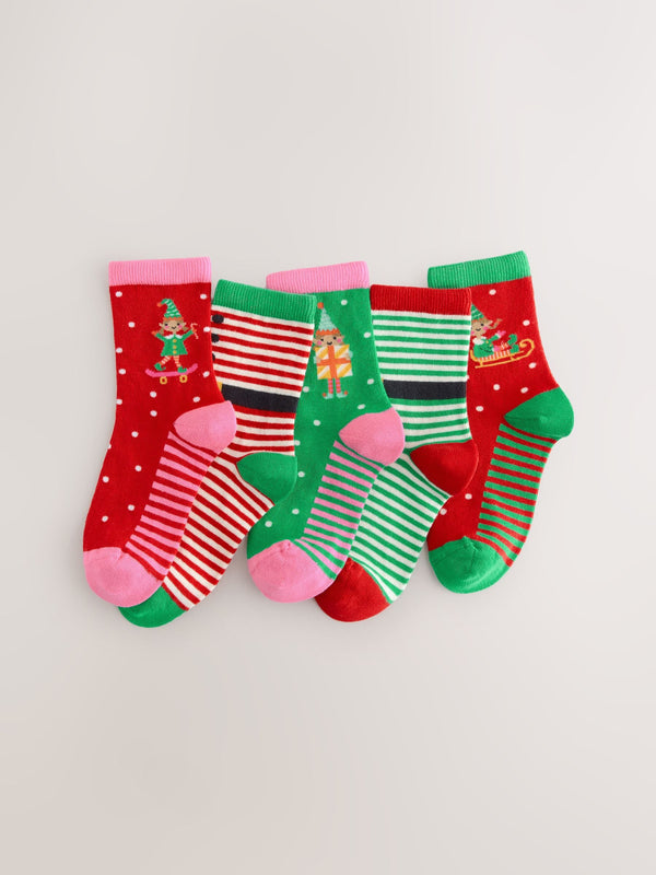 Red/Green Cotton Rich Christmas Character Print Ankle Socks 5 Pack
