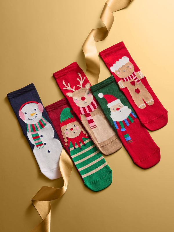 Red and Blue Cotton Rich Christmas Character Print Ankle Socks 5 Pack