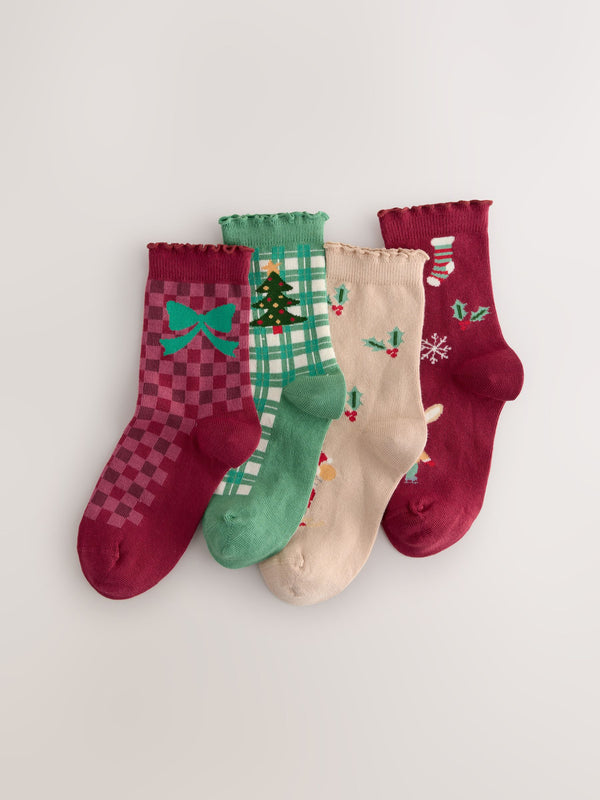 Red/Green and Cream Cotton Rich Christmas Character Ankle Socks 4 Pack
