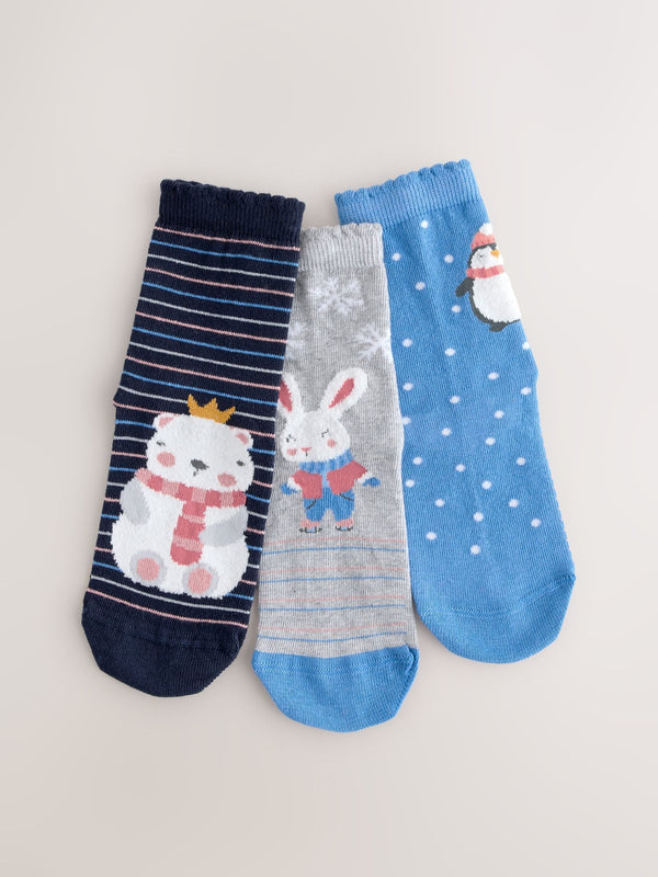 Blue and Grey Cotton Rich Chirstmas Character Ankle Socks 3 Pack