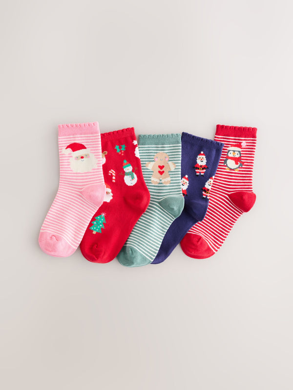 Red Green and Navy Blue Cotton Rich Christmas Character Print Ankle Socks 5 Pack