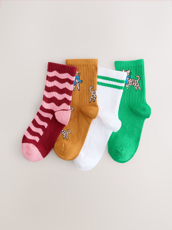 Green/Yellow/White and Pink Cotton Rich Cat Character Ankle Socks 4 Pack