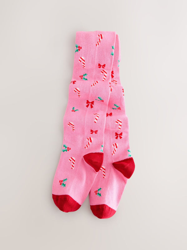 Pink Candy Cane Print Cotton Rich Christmas Tights