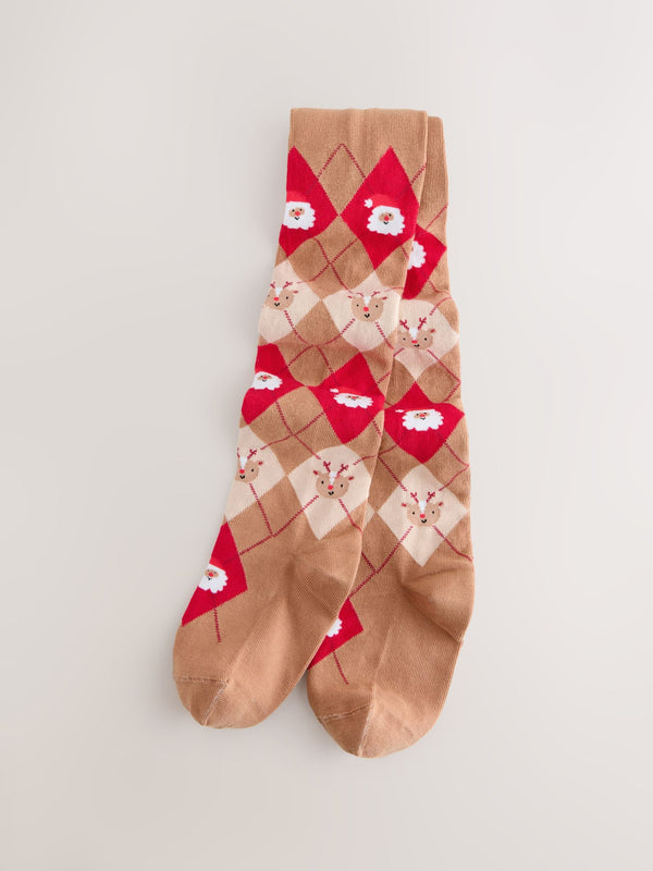 Neutral/Red Santa Argyle Cotton Rich Christmas Tights