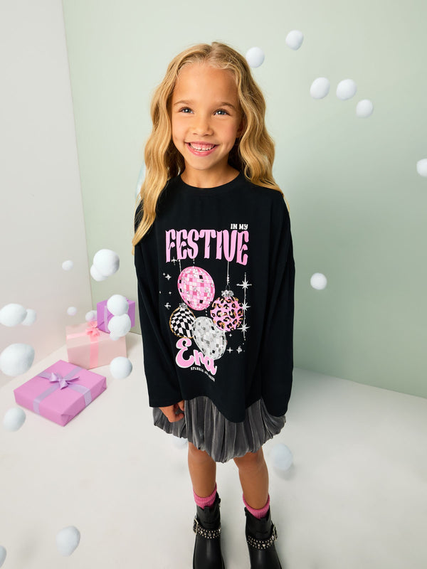 Black Festive Era Long Sleeve Top (3-16yrs)