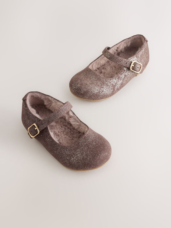 Chocolate Brown Shimmer Faux Fur Lined Mary Jane Shoes