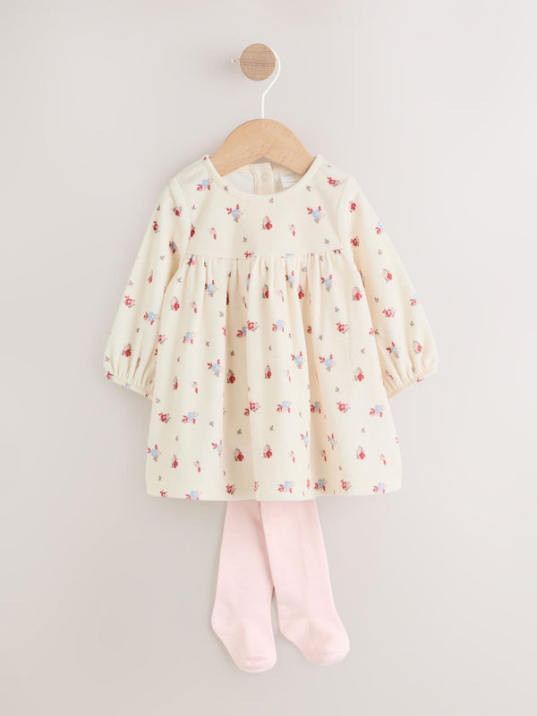 Cream Ditsy Baby Long Sleeve Velour Dress and Tights Set 2 Piece (0mths-2yrs)