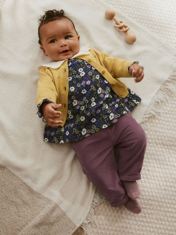 Yellow/ Navy Ditsy/ Purple Knitted Cardigan, Long Sleeve Top and Cord Trouses Baby 3 Piece Set (0mths-2yrs)