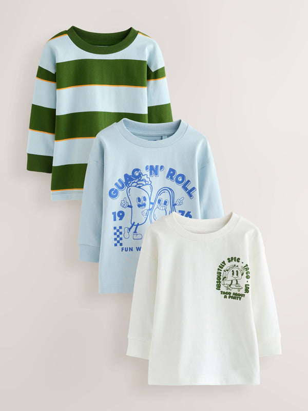 Blue/Green Taco Long Sleeve Graphic Print T-Shirts 3 Pack (3mths-7yrs)