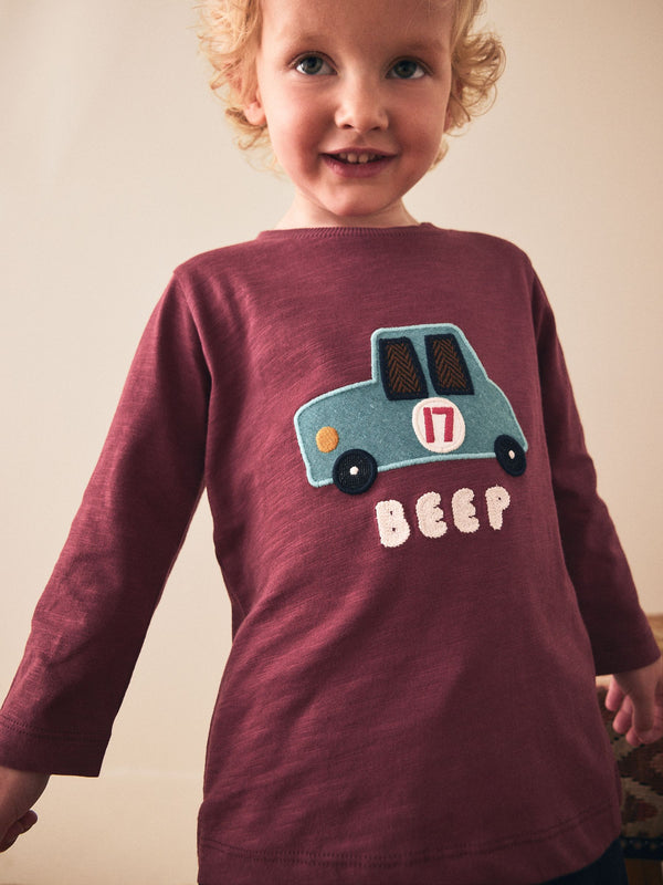 Berry Red Car Long Sleeve Appliqué T-Shirt (3mths-7yrs)